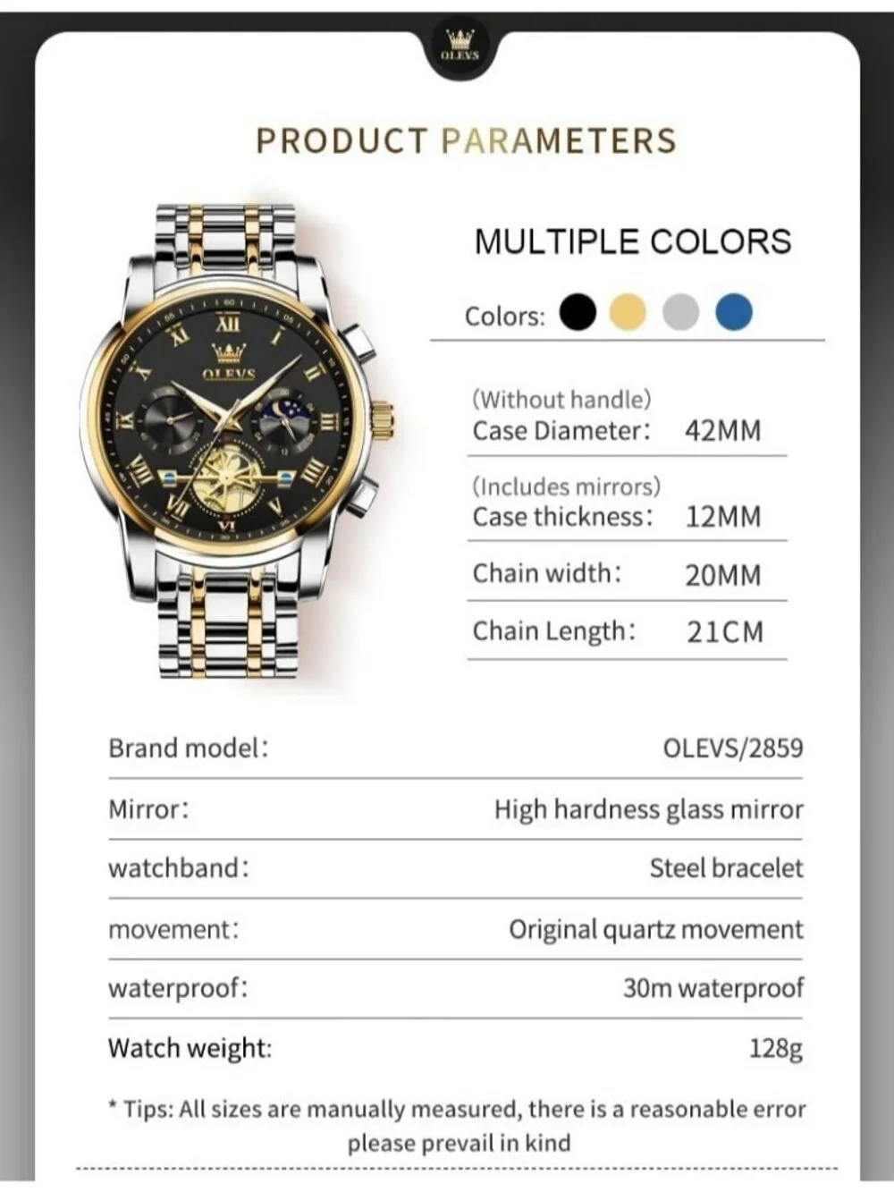 Men's Gold Silver Band and Black Stainless Steel Waterproof Big Face Wrist Watch